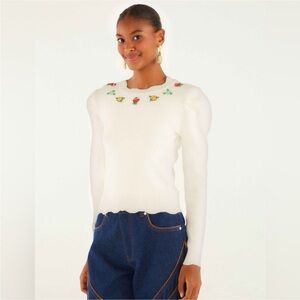 Farm Rio: Off-White Flower Embroidery Knit Top